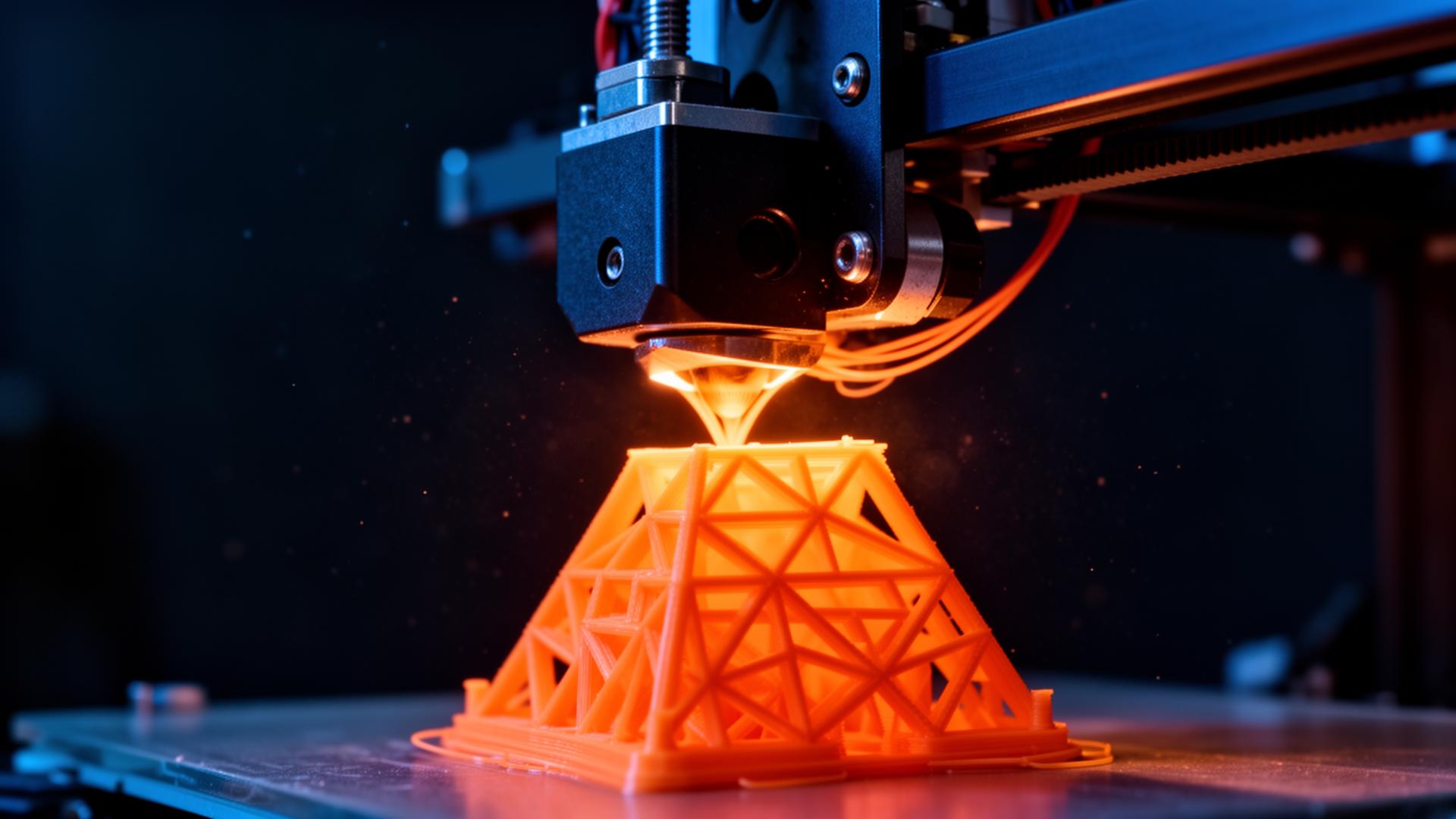 Impresora 3D extruyendo filamento naranja